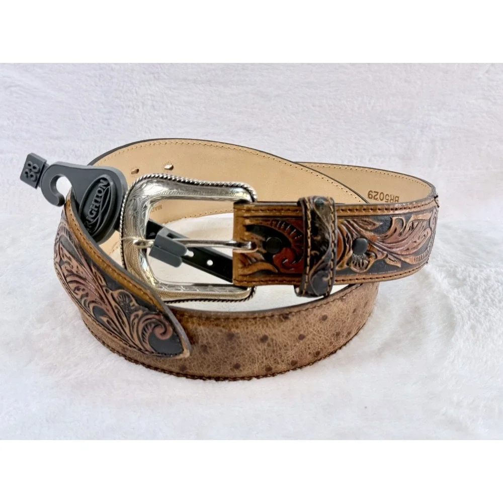 Tony Lama C42525 Men's Rustic Ostrich Print Floral Tooled Leather Belt Size 38